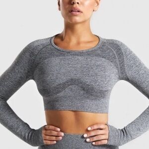 Gymshark Women’s Seamless Cropped Long Sleeve Top Gray Athletic Workout S <196>>